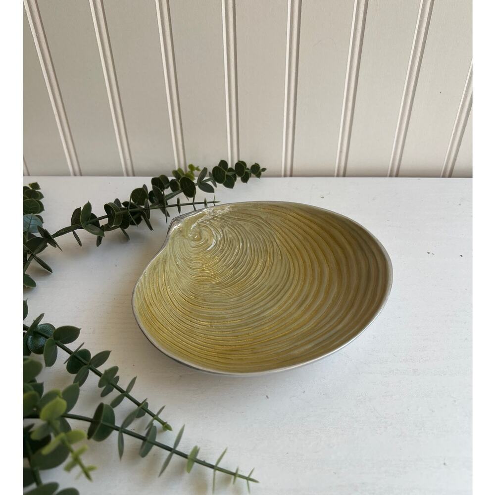 Mariposa Metal Clam Shell Dish | Handcrafted Enamel Painted Coastal Decor